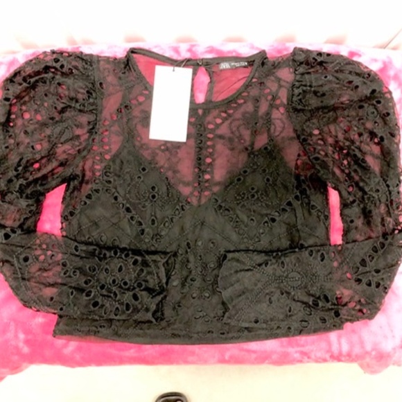 ZARA NWT Semi Sheer Lace Top Blouse, M - Picture 1 of 6